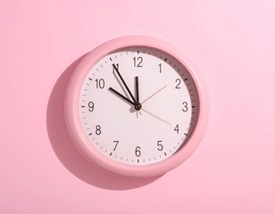 Pink clock against pink wall, shows almost 11 o'clock