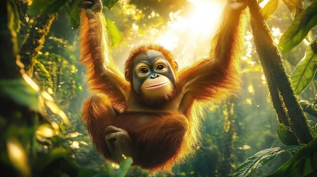 orangutan swinging from tree branches in a sunlit rainforest, warm golden light, lush green foliage, playful and curious mood