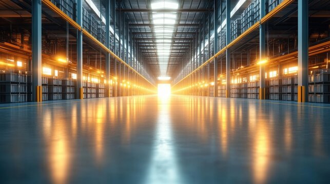 Vast empty industrial warehouse with long central aisle, towering metal shelving and warm glowing lights reflecting on polished floor, bright distant exit, calm and orderly