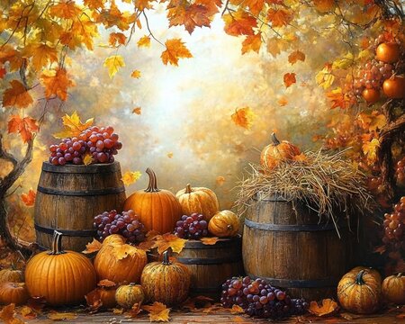 autumn harvest of pumpkins, grapes and wooden barrels beneath golden falling leaves, cozy rustic abundance - Powered by Adobe