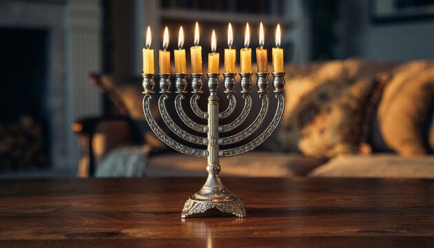 An elegant silver Hanukkah menorah with lit candles standing on the table in the living room of the house. 