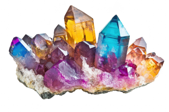 A stunning cluster of multi-colored crystals hues of purple. blue. and orange. set against a clean white background. ideal for use in educational materials or decorative art