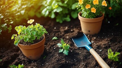 sunlit garden scene with terracotta pots, yellow flowers, seedlings and a hand trowel resting in rich soil, evoking calm nurturing and springtime warmth