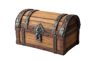 A beautifully crafted wooden treasure chest with metal accents. intricate details and a sturdy lock. placed against a plain background. ideal for themes of adventure and discovery