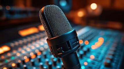 Close-up studio microphone in front of blurred mixing console with warm bokeh lights, conveying focused creative energy and professional audio production