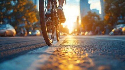 Low-angle close-up of a bicycle wheel and rider's shoe on a city street at golden sunset, sun flare, blurred cars and buildings conveying motion and freedom