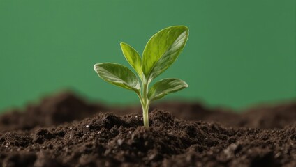 A Young Green Plant Sprouting from Rich Dark Soil with a Soft Green Background.