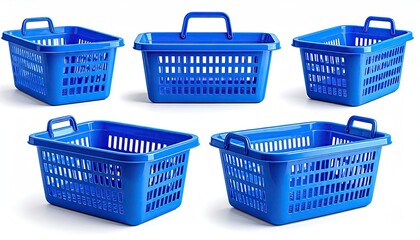 Six blue plastic baskets, different angles, against white