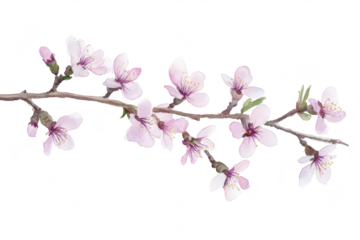 Delicate pink cherry blossom branch featuring soft petals and green leaves against a clean white background. ideal for spring-themed designs and nature-inspired artwork