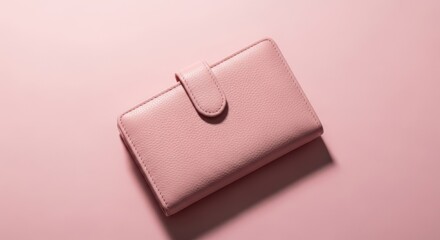 Elegant pink leather wallet with snap closure on a soft pink background