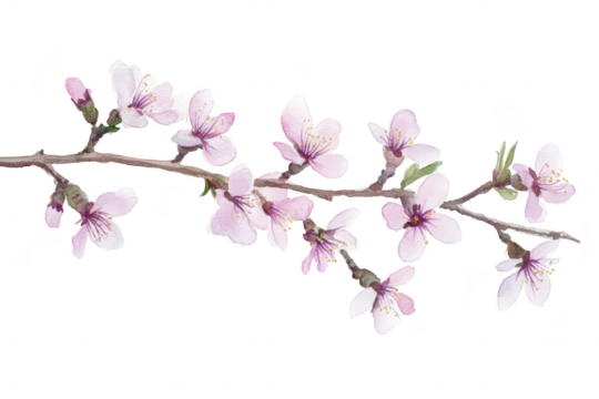 Delicate pink cherry blossom branch featuring soft petals and green leaves against a clean white background. ideal for spring-themed designs and nature-inspired artwork