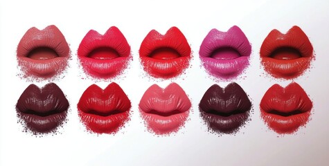 Ten glossy lipstick kiss marks in varied nude, red, pink and purple shades arranged in two rows on white background conveying playful, sensual and glamorous mood