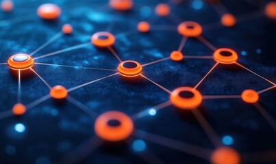 Glowing orange circular nodes linked by thin lines on a dark blue textured surface with scattered blue lights, conveying a futuristic interconnected digital energy