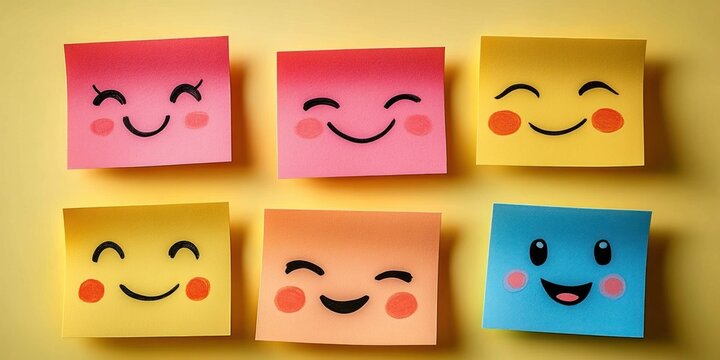 Six colorful sticky notes with cartoon smiling faces and rosy cheeks arranged on a yellow background, playful cheerful mood