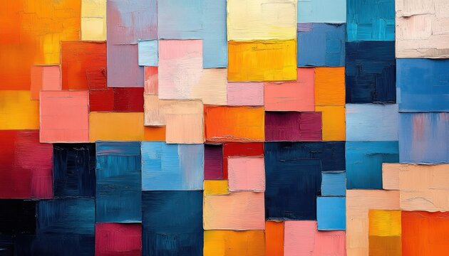 vibrant impasto abstract painting of stacked colorful rectangular blocks with textured brushstrokes conveying dynamic playful harmony