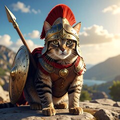A tabby cat poses in antique armor and a helmet with a plume; mountains and sky in background