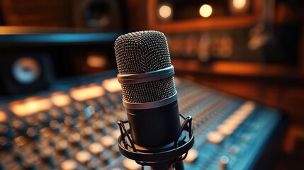 Close-up studio microphone in shock mount with blurred mixing console and warm bokeh lights conveying a focused, intimate professional recording atmosphere
