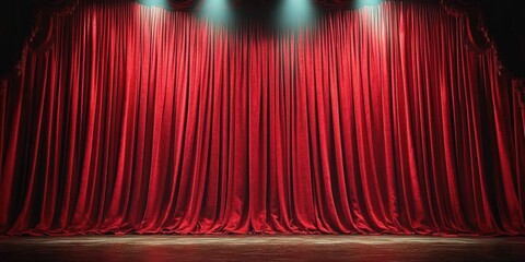 Closed red velvet theater curtains illuminated by overhead spotlights on an empty wooden stage conveying dramatic anticipation and suspense