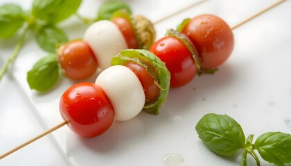 Delicious caprese skewers with cherry tomatoes, mozzarella and fresh basil isolated on white background.appitizers