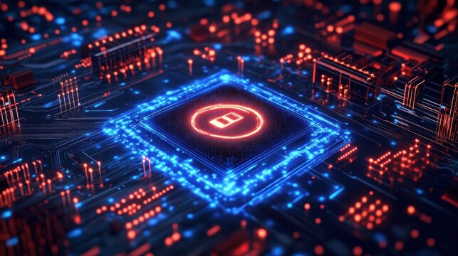 glowing central microchip on a neon blue and red circuit board with illuminated traces and electronic components, conveying a futuristic, powerful and intense high-tech mood