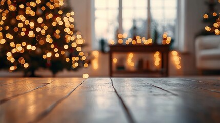 close-up of polished wooden floor leading into a cozy living room with blurred christmas tree, warm glowing string lights, coffee table, sofa and soft daylight through a window