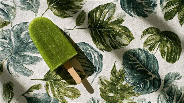A green popsicle on a leaf patterned surface under natural light creating a refreshing tropical vibe