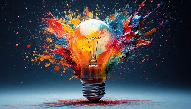glass light bulb with internal filament and metal base bursting with vibrant multicolored paint splashes and droplets on a dark background, conveying creativity and energetic inspiration