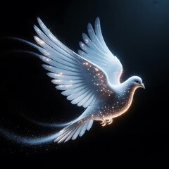 Fototapeta premium Elegant white dove soaring with radiant light trails against a dark backdrop, symbolizing peace, hope, and new beginnings with a touch of ethereal beauty
