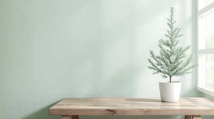 Obraz premium Minimalist Christmas spirit indoors, a charming small fir tree brings festive cheer to any space, perfect for holiday promotions and seasonal content
