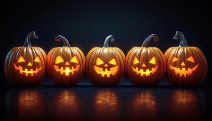 Five glowing carved jack-o'-lantern pumpkins with mischievous grins on a reflective surface, warm orange light and a spooky festive night mood