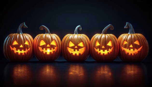Five glowing carved jack-o'-lantern pumpkins with mischievous grins on a reflective surface, warm orange light and a spooky festive night mood - Powered by Adobe