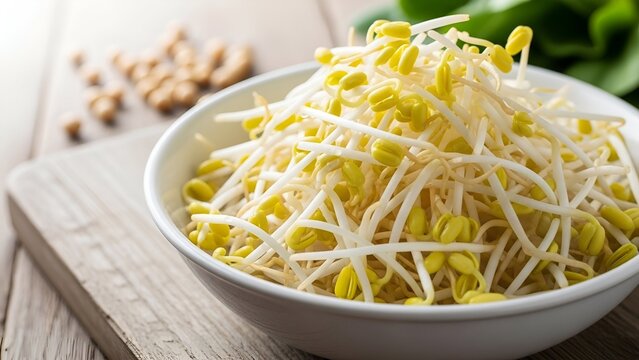 Fresh Bean Sprouts in White Bowl on Wooden Surface with Green Leaves Natural Lighting