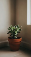 Fototapeta premium Small succulent plant grows inside a terracotta pot situated in a softly lit room corner