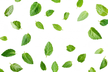 A arrangement of fresh mint leaves scattered against a clean white background. their lush green color and texture. ideal for culinary. health. or botanical use