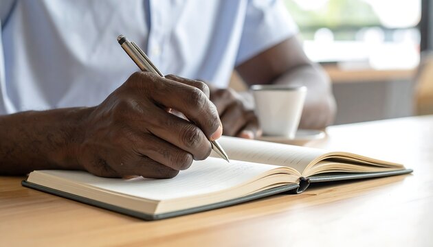 African-American man writing in a journal, pen in hand, with a white coffee mug on a light wood surface