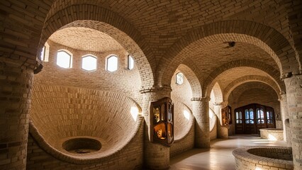 Historic Brick Archway Interior with Round Windows and Wooden Displays in Warm Lighting