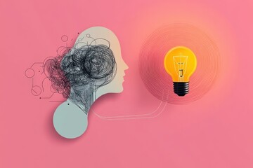 profile silhouette with tangled scribble brain connected by a line to a glowing light bulb on a pink background, conveying confusion resolving into inspiration and clarity
