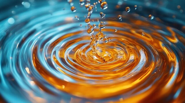 close-up of a water droplet creating concentric ripples in blue and orange light, shimmering and dynamic yet calming