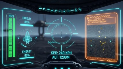 Futuristic Head-up Display in Fighter Jet Cockpit with Digital Interface