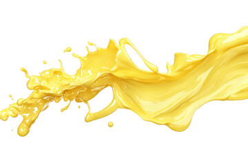 A splash of yellow paint dynamically flows across a white background. capturing the essence of creativity and artistic expression. ideal for design projects or advertising