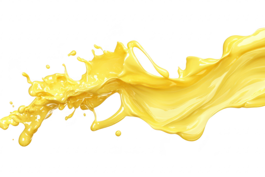 A splash of yellow paint dynamically flows across a white background. capturing the essence of creativity and artistic expression. ideal for design projects or advertising