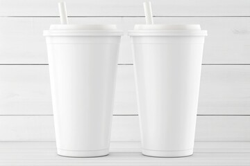 white takeaway coffee cups with straw mockup on white wooden background for packaging design and branding presentation