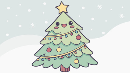 A cartoon christmas tree with a star on top and ornaments in a snowy winter scene illustration