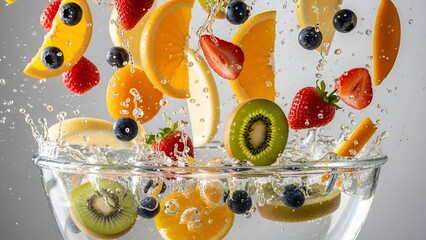 Colorful Fruit Slices and Berries Splashing Into Water in Clear Glass Bowl