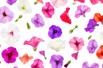 A arrangement of assorted petunia flowers in various colors. scattered artistically against a clean white background. ideal for floral design projects or nature-themed graphics