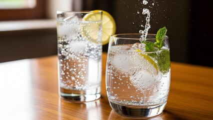 Two Refreshing Glasses of Sparkling Water with Lemon and Mint on Wooden Table
