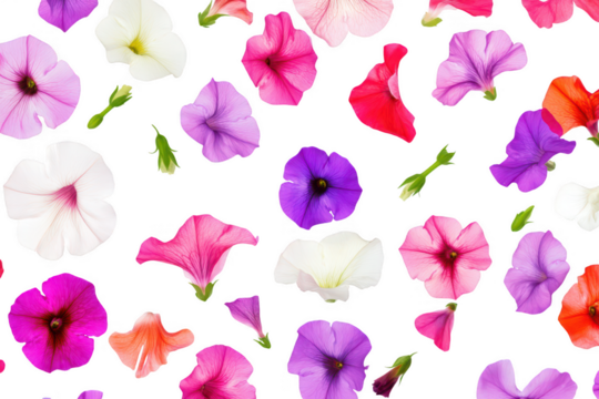 A arrangement of assorted petunia flowers in various colors. scattered artistically against a clean white background. ideal for floral design projects or nature-themed graphics