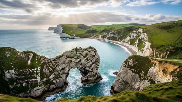 Scenic White Cliffs and Natural Arch Over Ocean Under Sunlight with Green Hills and Blue Sky