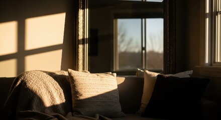 Warm afternoon sunlight creates dramatic shadows across comfortable indoor seating
