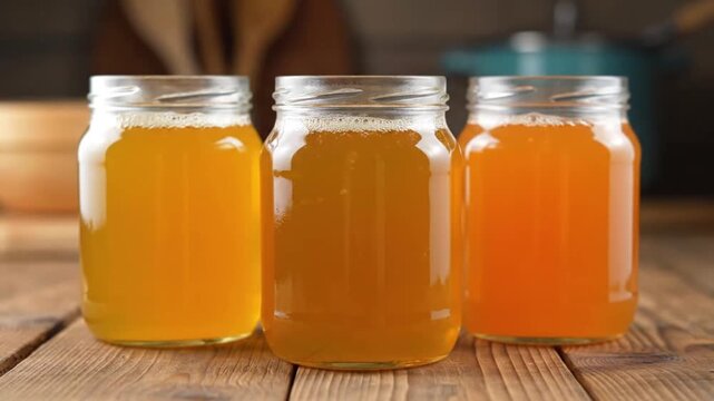 Three vibrant jars of homemade broth simmering with nutritious goodness, perfect for healthy recipes and comforting winter stews showing dynamic color changes kumbucha workshop 
